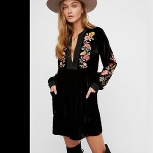 Free People Mia Embroidered Black Velvet Tunic Dress